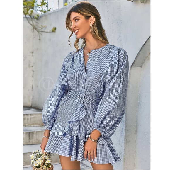 Blue White Gingham Print Belted Ruffle Detail Lantern Sleeve Mini Dress - Picture 2 of 8